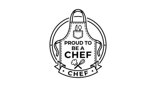 Monochrome vector emblem featuring a culinary apron and chef tools for restaurant branding.