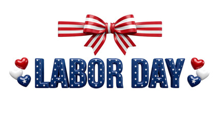 Obraz premium Labor day text with american flag stars and stripes ribbon isolated on transparent background