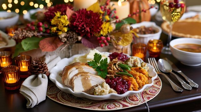 Cozy Thanksgiving Dinner Plate with Roasted Turkey Cranberry Sauce Mashed Potatoes and Autumn Candlelight Table Setting in Warm Festive Ambience