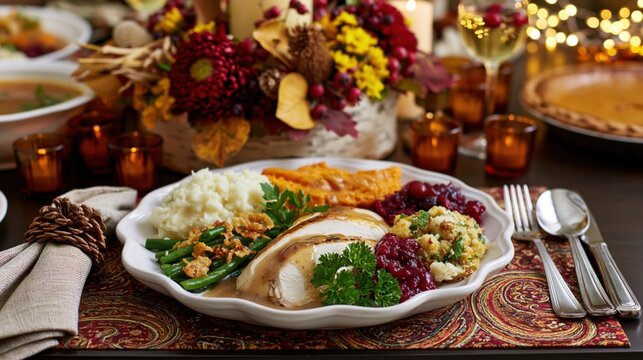Cozy Thanksgiving Dinner Plate with Roasted Turkey Cranberry Sauce Mashed Potatoes and Autumn Candlelight Table Setting in Warm Festive Ambience