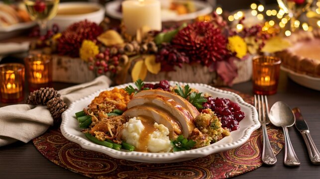 Cozy Thanksgiving Dinner Plate with Roasted Turkey Cranberry Sauce Mashed Potatoes and Autumn Candlelight Table Setting in Warm Festive Ambience
