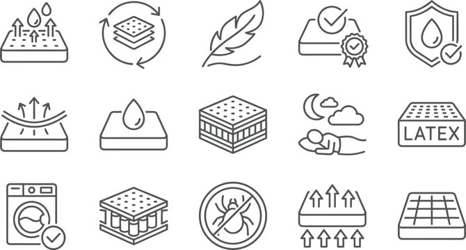 Mattress features and orthopedic sleep comfort line art vector icon set featuring breathability latex pocket spring waterproof feather and hypoallergenic symbols.eps