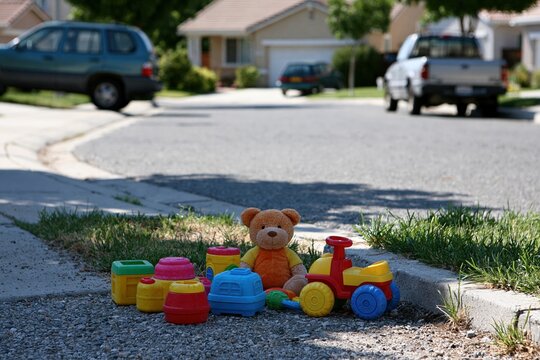 Toddler toys and teddy bear arranged on suburban cul - de - sac lawn edge