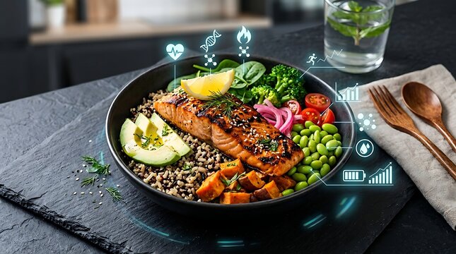 Nutritional data visualization on healthy salmon bowl, futuristic food tracking technology, digital wellness icons over fresh mediterranean meal