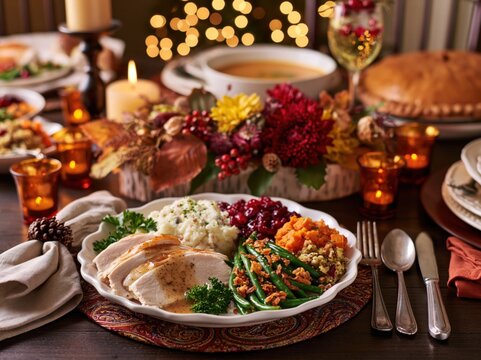 Cozy Thanksgiving Dinner Plate with Roasted Turkey Cranberry Sauce Mashed Potatoes and Autumn Candlelight Table Setting in Warm Festive Ambience