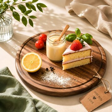 Fresh strawberry sponge cake slice with lemon and creamy sauce on wooden platter