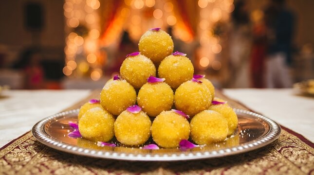 A beautifully arranged plate of golden laddus, a popular Indian sweet, symbolizing festivity, joy, and cultural tradition.