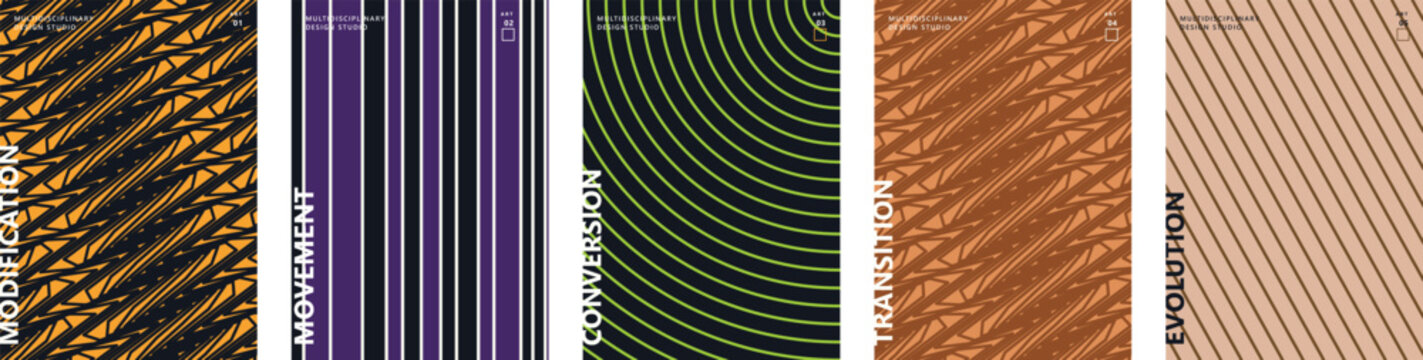 Abstract geometric line patterns set, modern textured vector backgrounds with movement and connection themes, 5 minimalist graphic posters