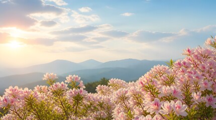 Obraz premium Breathtaking Sunset View Over The Blue Ridge Mountains With Vibrant Pink Azalea Flowers Blooming During A Serene Spring Season Afternoon