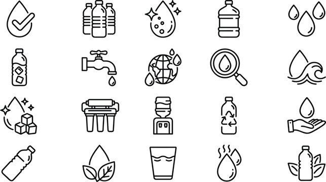 Pure drinking water and purification system line art vector icon set featuring water bottle drop filter tap cooler and recycle symbols.eps