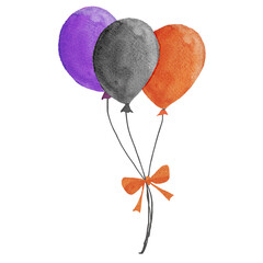 Watercolor Halloween balloon bunch with an orange bow, black, orange, and purple © Tsuki Usagi