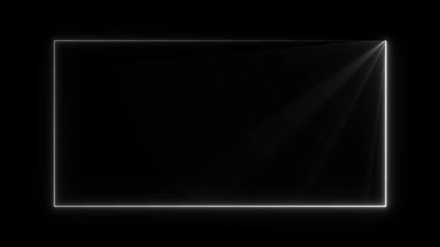 Minimalist white neon rectangular frame with glowing light flare overlay border