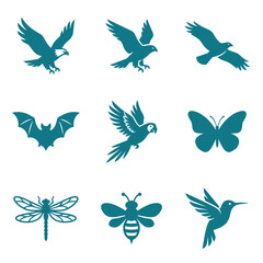 Obraz premium Winged bird and insect silhouettes in teal.