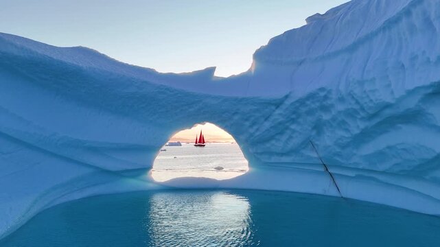 Red sailboats glide past a drifting Arctic ice floe with a natural arch, illuminated by golden sunset light. A stunning contrast highlighting the beauty and fragility of a changing polar world.