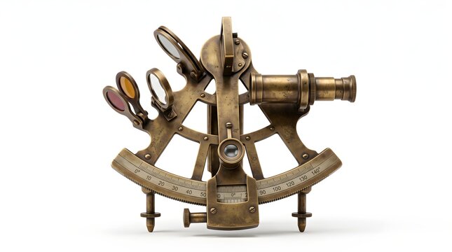 Antique brass sextant isolated on white background, navigation and exploration concept design