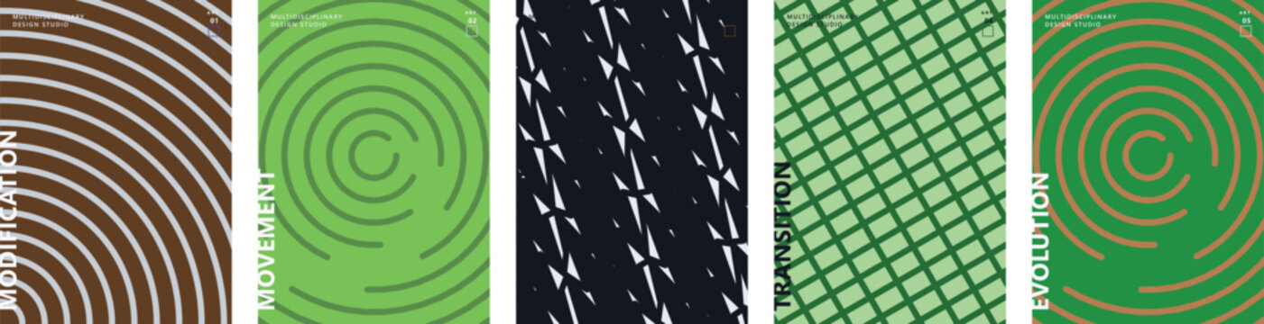 Abstract geometric pattern set, minimalist line art textures in green and brown, collection of 5 vector backgrounds for modern graphic design