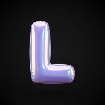 Close-up of a shiny, inflated foil balloon shaped like the letter L, illuminated against a dark backdrop for contrast and clarity.