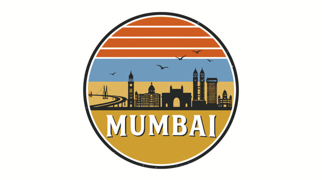 Mumbai Skyline Silhouette Retro Circle Logo Vintage Travel Souvenir Icon