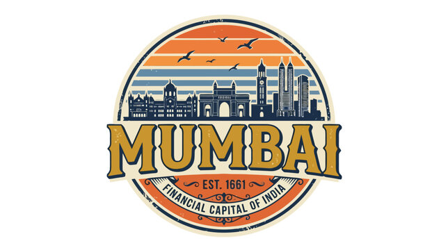Mumbai Skyline Emblem - Financial Capital of India - Vintage Travel Stamp