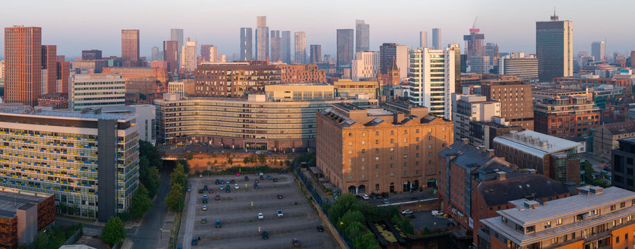 Panoramic Early Morning View of Manchester Skyline and Piccadilly Place