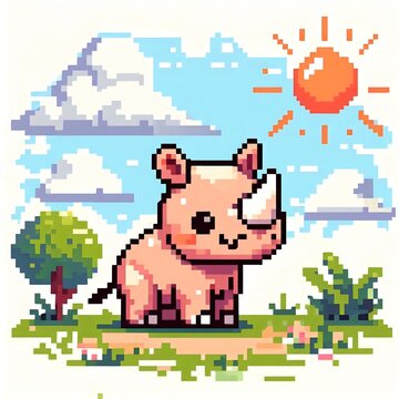 Cute pixel art rhino standing under the sun illustration