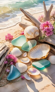 Composici&oacute;n playera con conchas marinas, piedras turquesa, flores rosadas y madera flotante en la arena al orilla del mar