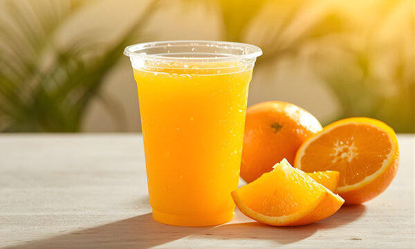 Vaso de vaso de pl&aacute;stico transparente con jugo de naranja natural reci&eacute;n exprimido al sol
