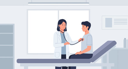 Fototapeta premium Doctor examining patient with stethoscope in clinic room