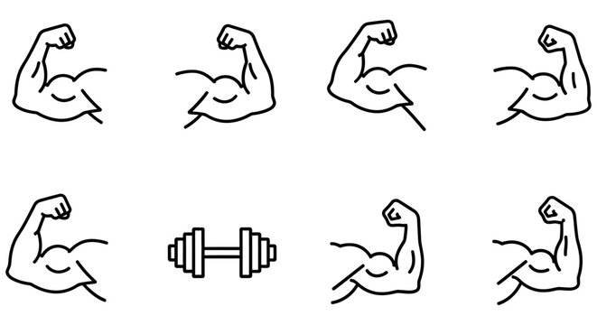 Bicep flex icons and dumbbell illustration black line art on white background