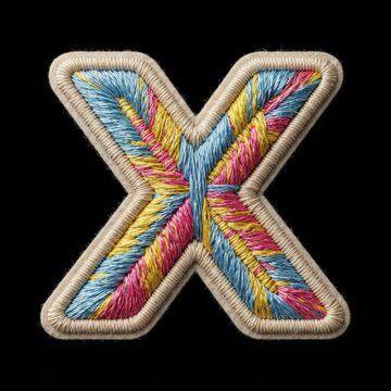 Close-up of a handcrafted embroidered X patch with multicolored threads on beige fabric, studio-lit against black backdrop for high contrast.