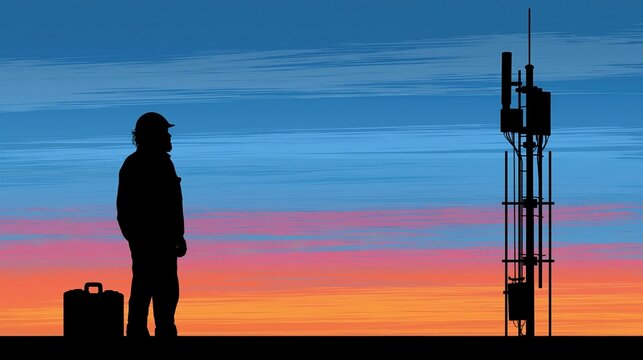 Field technician silhouette beside small cell tower at sunset