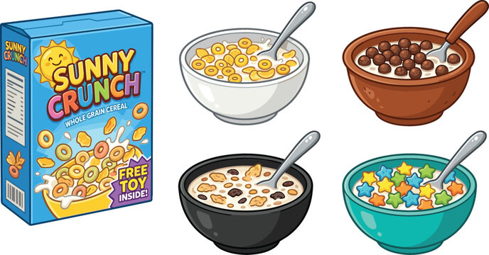 Breakfast Cereal Vector Illustration Set Featuring a Product Box and Bowls filled with Milk Rings Chocolate Balls Granola and Colorful Star Shaped Cereals