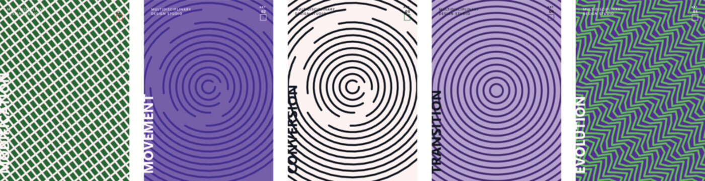 Abstract geometric poster set with optical illusion patterns, 5 vector backgrounds with spiral and grid textures, purple and green psychedelic covers