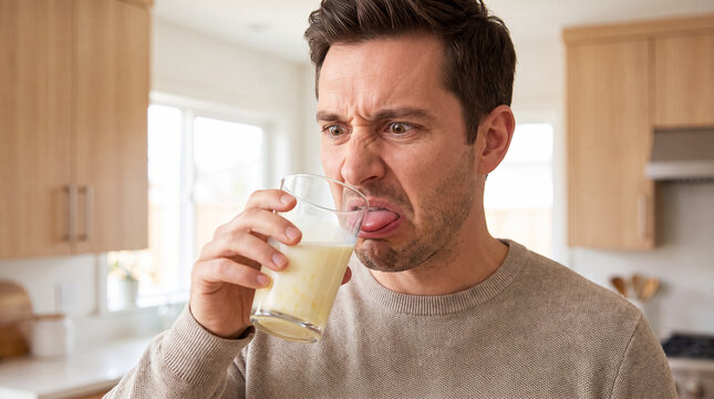 Man drinking spoiled milk, making disgusted face and grimace in kitchen, experiencing bad taste