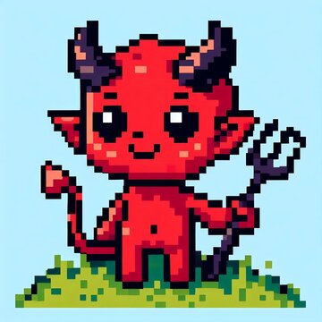 Cute pixel art red devil character holding a pitchfork on green grass