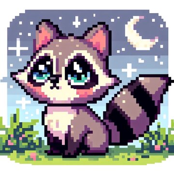 Cute pixel art raccoon sitting under starry night sky with crescent moon