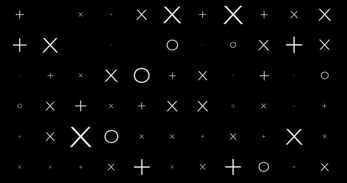 Abstract Geometric Pattern of White Crosses, Xs and Circles on Black Background; Loopable