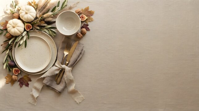 Elegant autumn table setting with white pumpkins and dried foliage on a neutral background with copy space
