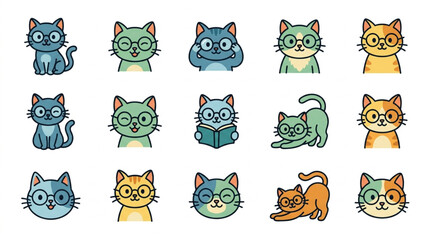 Colorful cartoon cats with glasses and books. © fiki