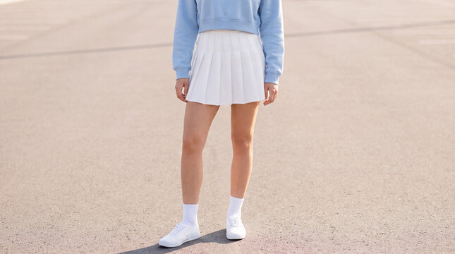 Person standing outdoors wearing a white pleated mini skirt, light blue sweatshirt, white socks, and white sneakers