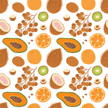 Tropical fruits pattern. Seamless vector pattern with tropical fruits, papaya, coconut, kiwi and citrus on white background