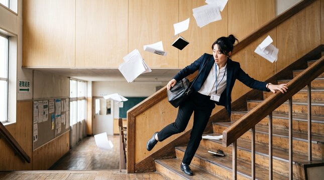 階段で転倒し書類を散らばせるビジネスウーマン