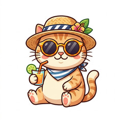Naklejka premium Cute Orange Cat Wearing Straw Hat and Sunglasses.