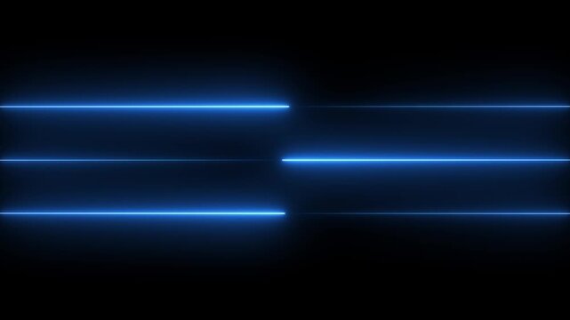 Glowing blue neon triple text divider parallel lines loop, elegant futuristic three horizontal break symbol with light beam emblem, isolated digital graphic asset on black background 4k.