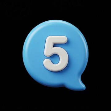 Isolated 3D-rendered blue speech bubble featuring white number five, studio lighting, neutral background, minimalist design for digital use.