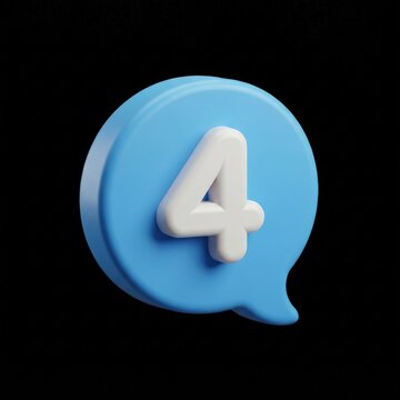 Isolated 3D-rendered speech bubble featuring a white number four icon against a solid blue background, studio lighting, top-down camera angle, minimalist design for digital use.