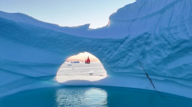 Red sailboats glide past a drifting Arctic ice floe with a natural arch, illuminated by golden sunset light. A stunning contrast highlighting the beauty and fragility of a changing polar world.