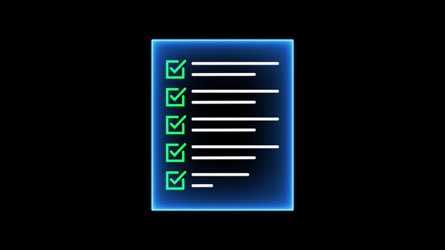 Glowing neon blue checklist horizontal layout loop, elegant digital document icon with modern white tick boxes symbol, isolated graphic asset on black background.