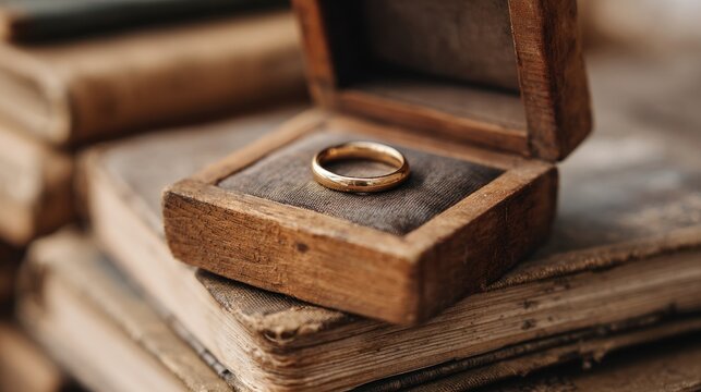 Golden wedding ring in wooden box
