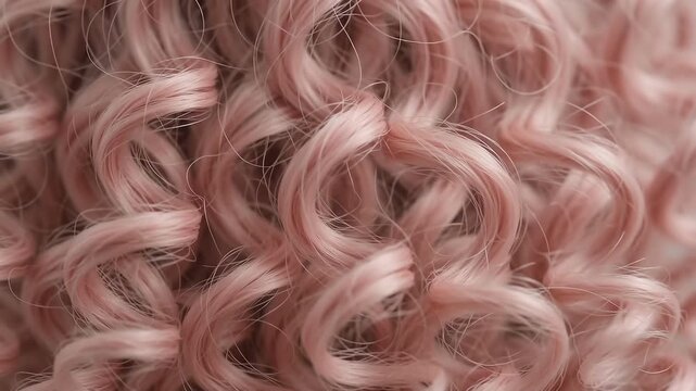 Extreme macro close-up of bouncy pastel pink curly hair. Soft, fluffy, and springy coiled hair texture in continuous smooth motion, abstract beauty background.